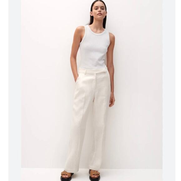 Hobbs London Pants - Hobbs London Jacinta White Linen Wide Leg Preppy Coastal Minimalist Pants 8